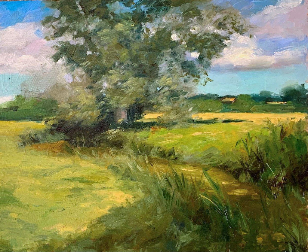 Oil painting by Nigel Fletcher depicting a tree in the middle of a field. There is a river next to the tree which begins in the bottom right corner of the picture.