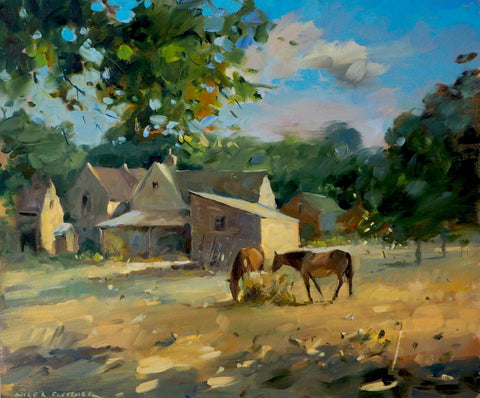 Nigel Fletcher 'Farmyard Ponies' oil on canvas 30x36cm