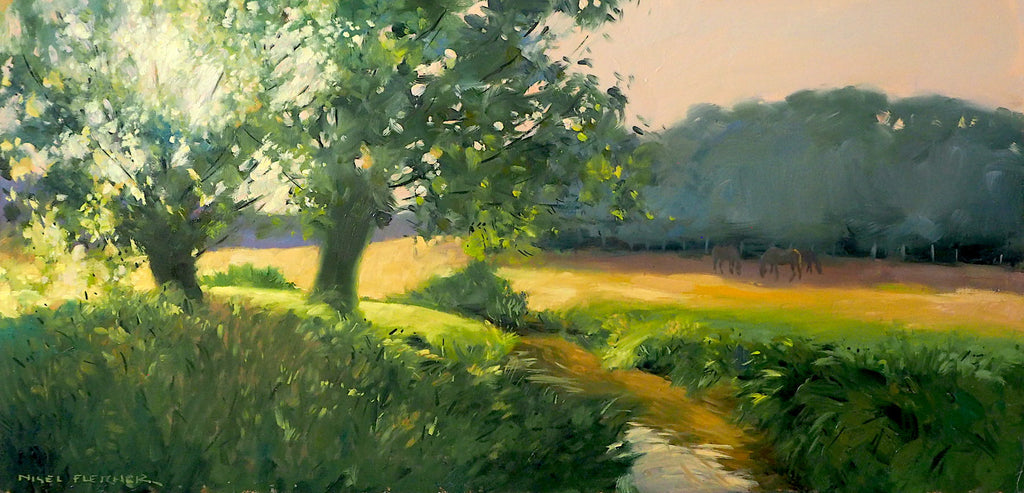 Nigel Fletcher 'Sunset, River Glyme' oil on canvas 26x51cm