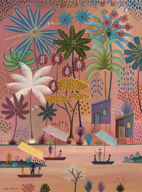 Pink jungle scene with boats by Daphne Stephenson at Iona House gallery