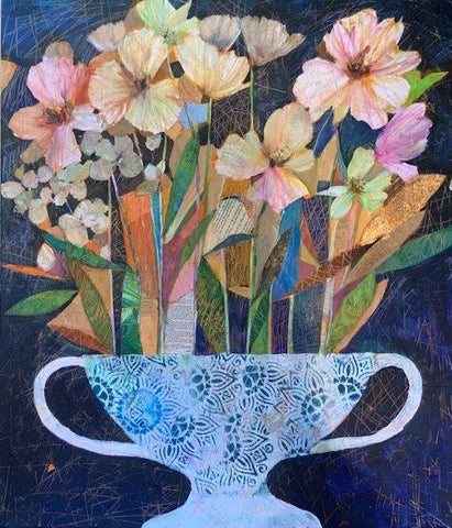 Sally Anne Fitter 'Autumn Flowers in Fulham Pottery Vase' mixed media on box canvas 70x60cm