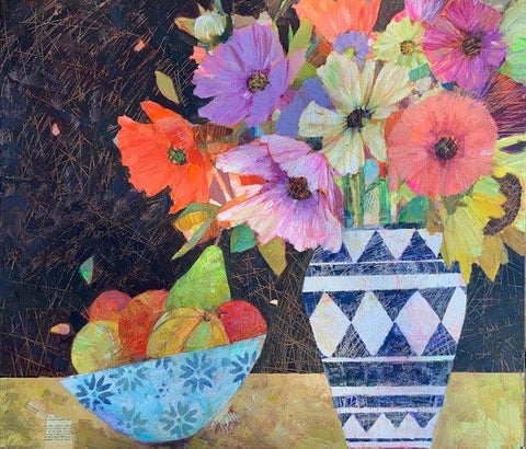 Sally Anne Fitter 'Evening Flowers and Fruit' mixed media on box canvas 60x70cm