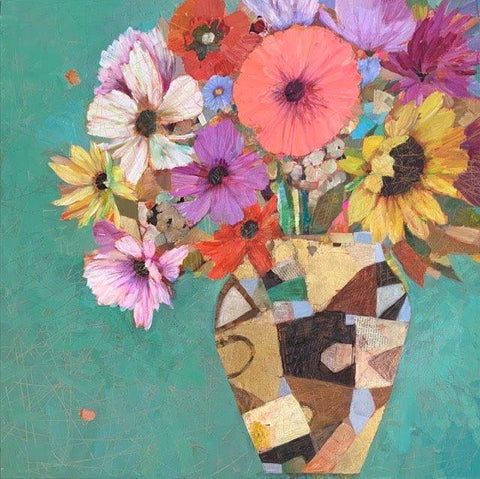 Sally Anne Fitter 'Garden Flowers in Klimpt Vase' mixed media on box canvas 76x76cm