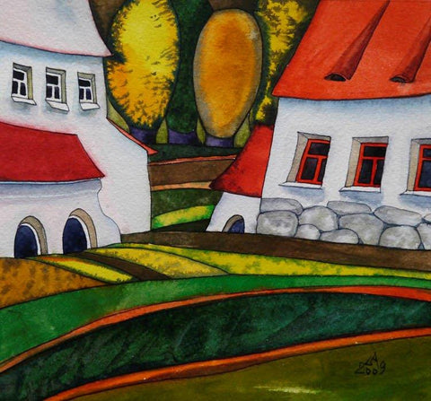 Sasha Larionova 'Companions' gouache 17x18cm