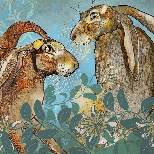 Shelly Perkins 'Hares in the Honeysuckle' limited edition digital collage 30x30cm (unframed size)