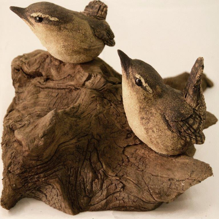 Simon Griffiths 'Pair of Wrens' Mounted on wood H11 x W26 cms