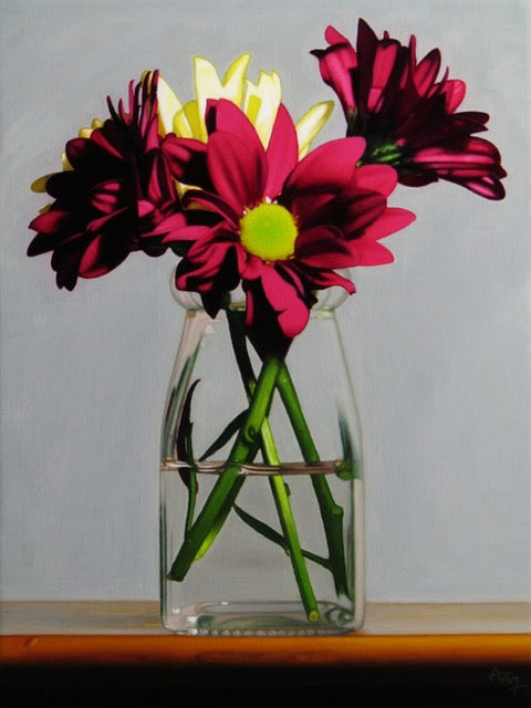 Anthony Ellis 'Still Life with Red and Yellow Chrysanthemums' oil on canvas 24x18cm