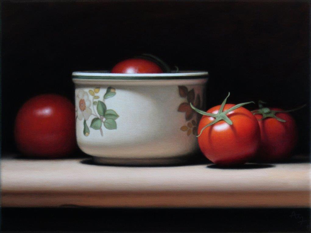 Anthony Ellis 'Still Life with Tomatoes and Patterned Bowl' oil on canvas 24x18cm