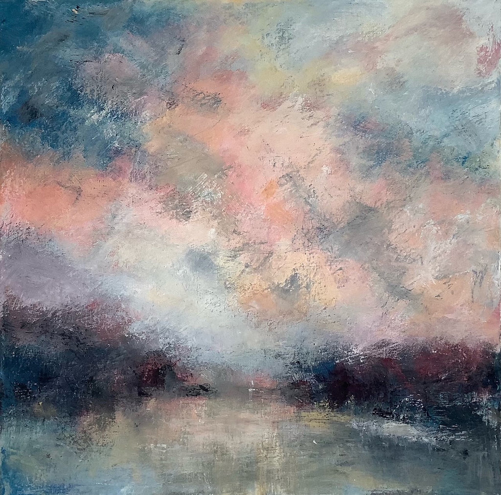 Pink clouds early in the morning, floating over a textured landscape by Sue Godfrey at Iona House Gallery