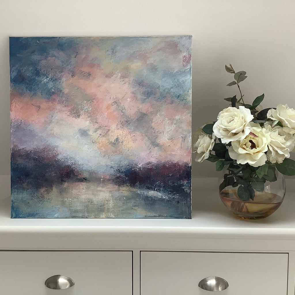 Pink clouds early in the morning, floating over a textured landscape by Sue Godfrey at Iona House Gallery