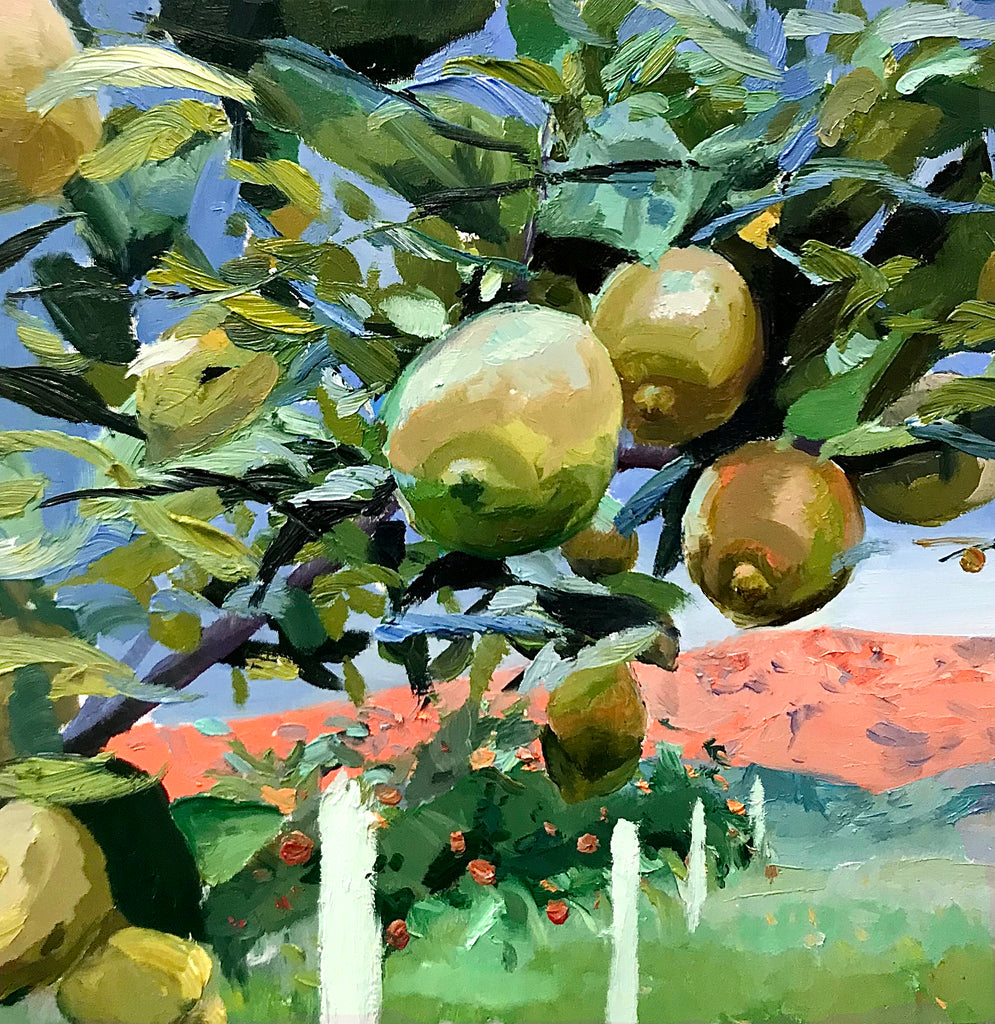 Original oil painting by artist Susana Ragel depicting lemons on a tree.