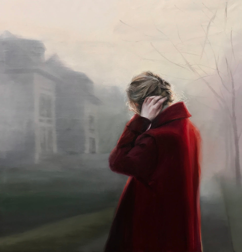 Original oil painting by Susana Ragel portraying a woman in a red coat.
