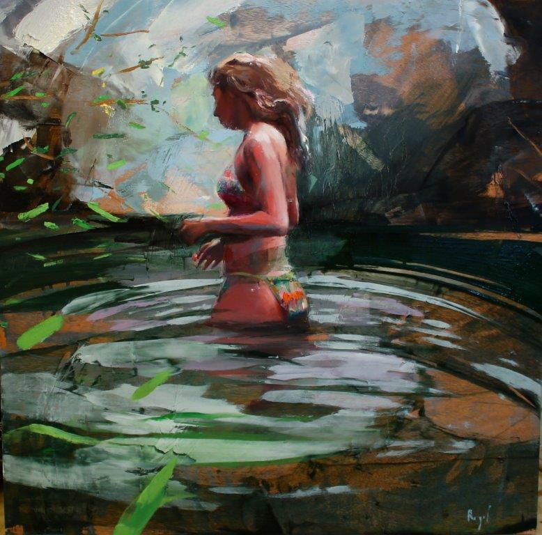 A painting that is full of movement and life. A young lady is seen walking through deep water in a bikini. Her hair and the branches and leaves get caught by the wind and create fresh movement within the scene. The murky water glistens at the surface where it catches the light.