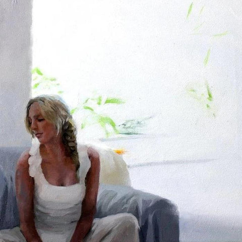 Susana Ragel 'Woman in White' oil on canvas 40x40cm