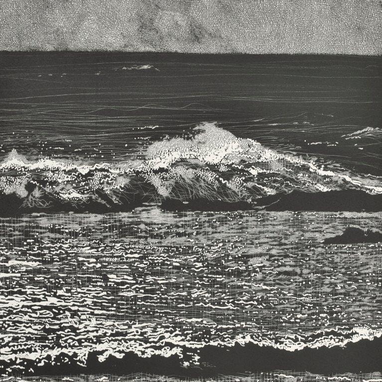 Original drypoint and relief by Trevor Price depicting waves breaking on a shore