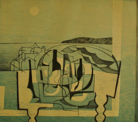 Trevor Price 'Turned Wood Table and Bottles II' woodcut and drypoint 48x55cm