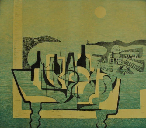 Trevor Price 'Turned Wood Table and Bottles I' woodcut & drypoint 48x55cm (unframed)