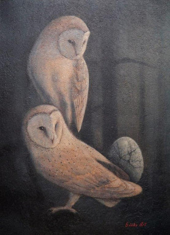 Vyacheslav Sinkevich 'Barn Owls and Egg' mixed media 82x60cm
