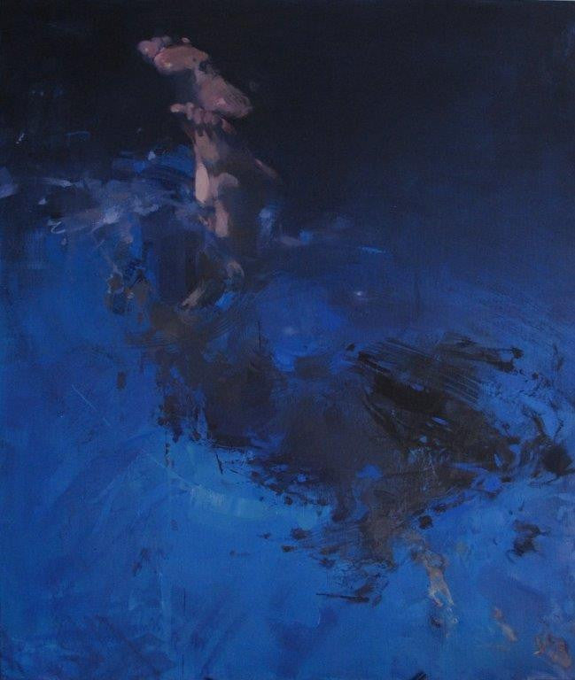Yara Damián 'Fusion' oil on canvas 100x81cms, girl diving into the water, body beneath the water, only feet and ankles are above