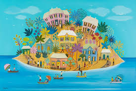 Island scene in naive style in bright colours by Daphne Stephenson at Iona House Gallery