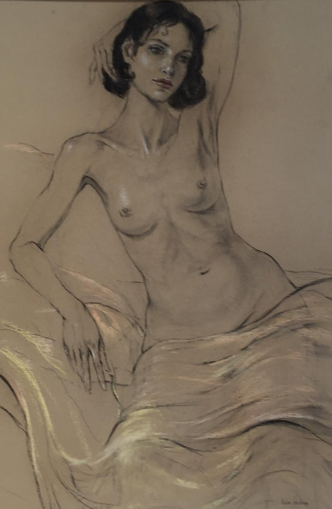 Semi-nude study of woman with raised arm in pastels by Katya Gridneva at Iona House Gallery